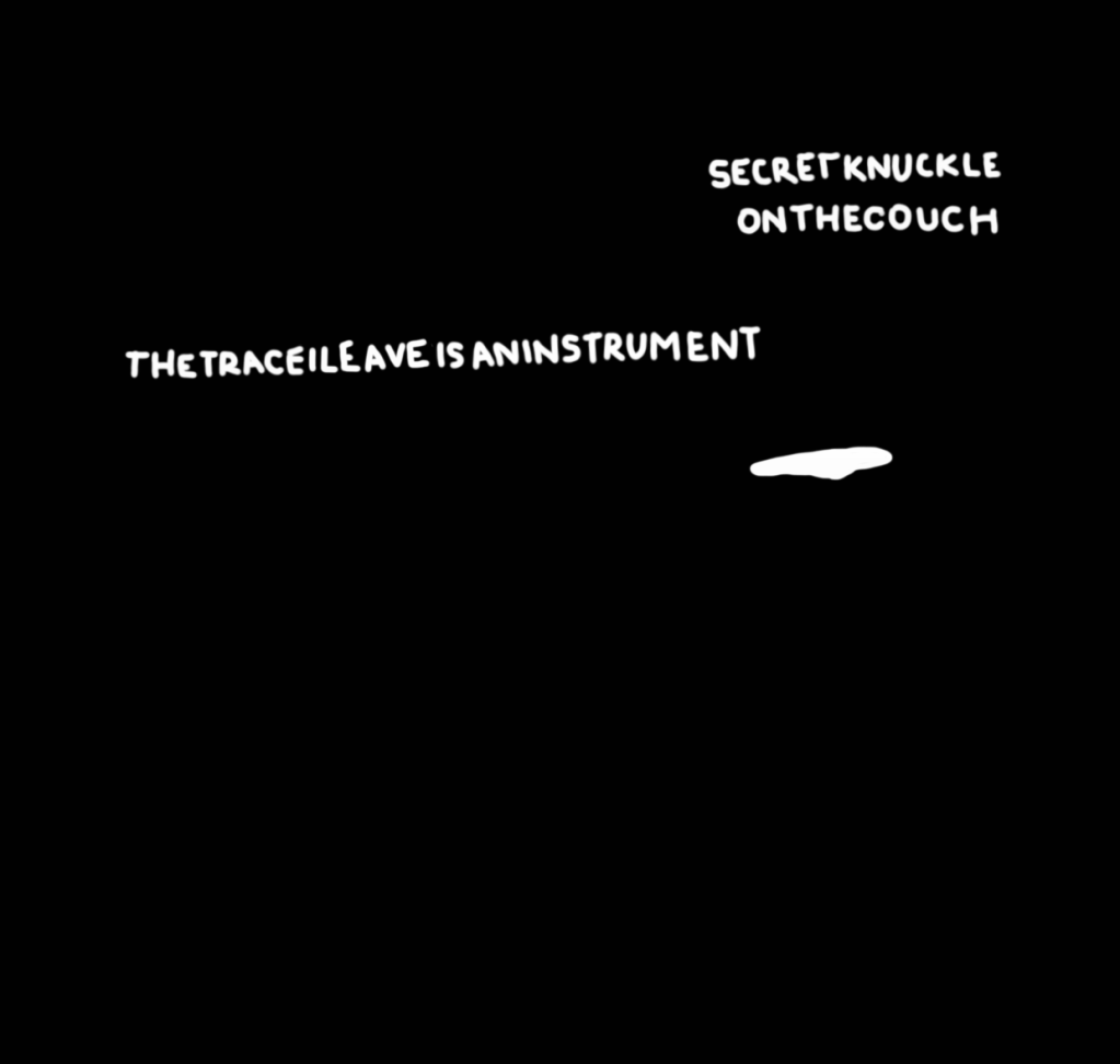 transcription poem 44: White words in capital letters on a black background read as follows:
SECRETKNUCKLE
ONTHECOUCH
THETRACEILEAVEISANINSTRUMENT