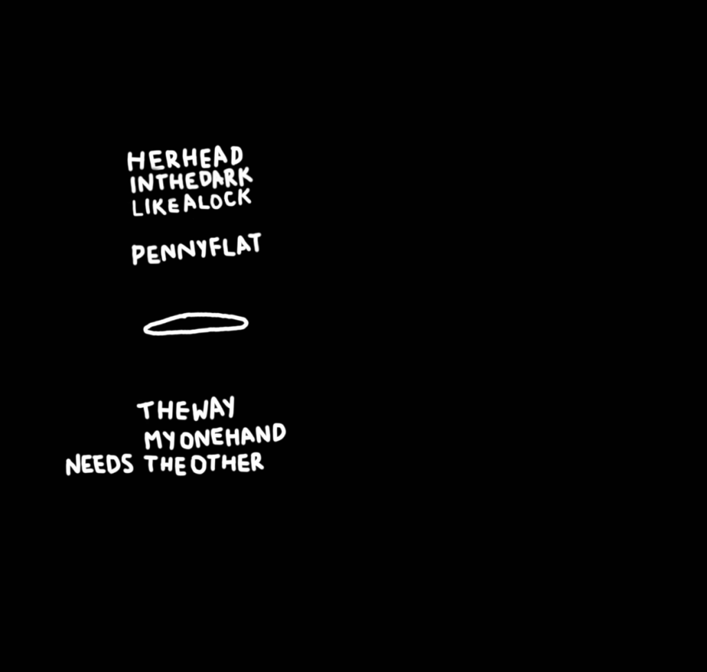 White words in capital letters on a black background read as follows:
HERHEAD
INTHEDARK
LIKEALOCK
PENNYFLAT
THEWAY
MYONEHAND
NEEDS THEOTHER