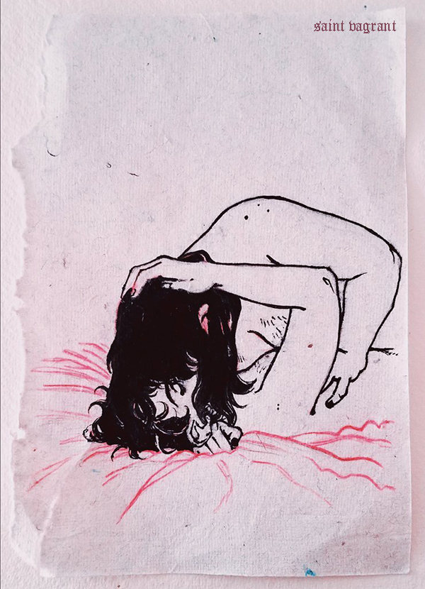A drawing of two figures sensually embracing. The bottom figure is being pressed into the bed, lying on their back. The top figure has their hand on the other's chest, long black hair draping over both of their faces.