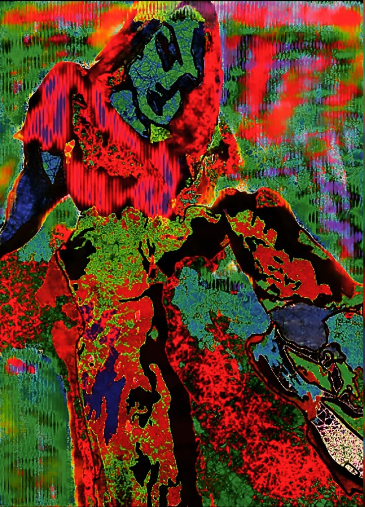 A distorted green person sits splayed in a void of green, red, and purple blotches. They wear a red crop top and black jeans, vaguely frowning at their sneakers. 