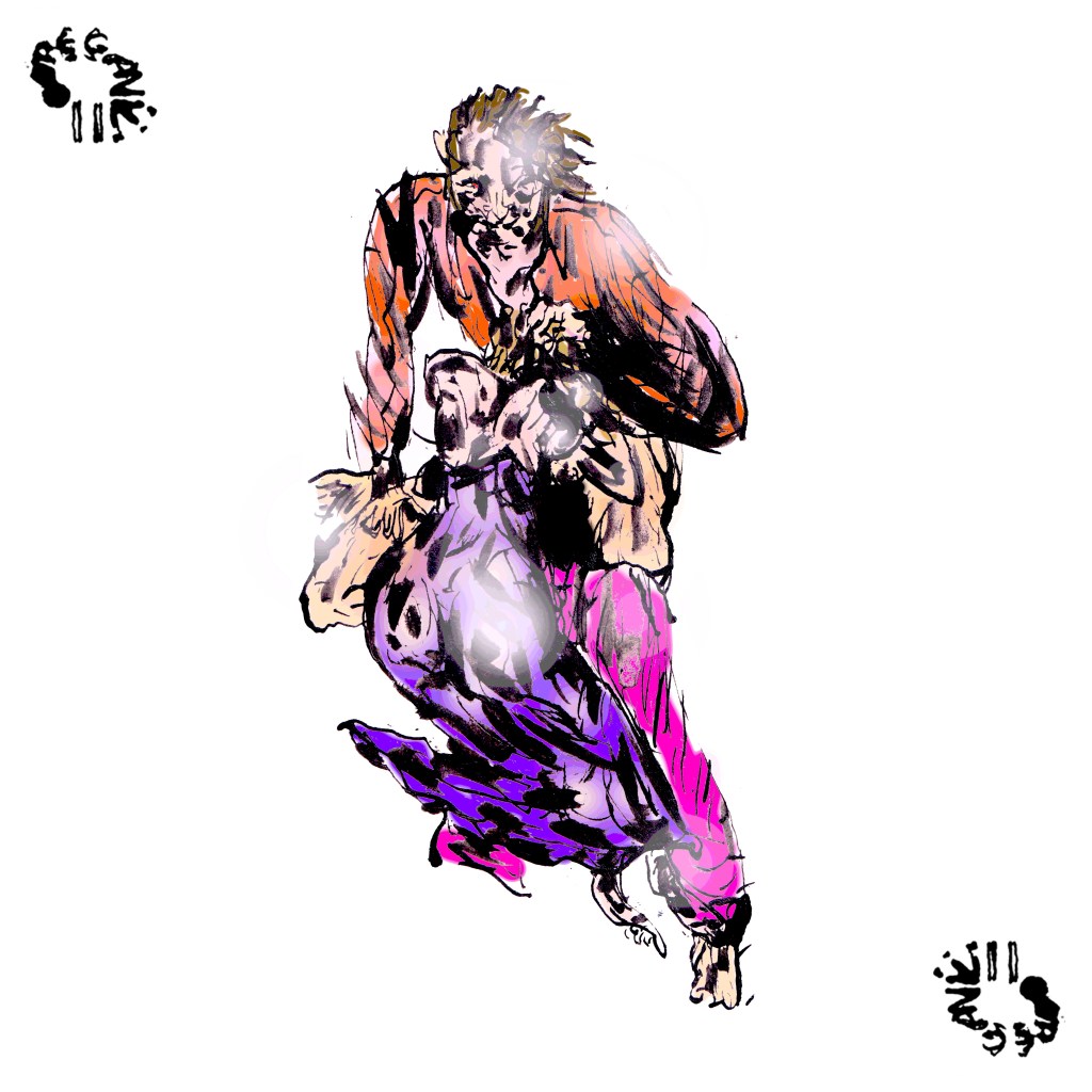 Two bodies, engaged in oral sex, melt into one another — fleshy dashes of apricot mingle with pink, purple, and reddish-orange hues.