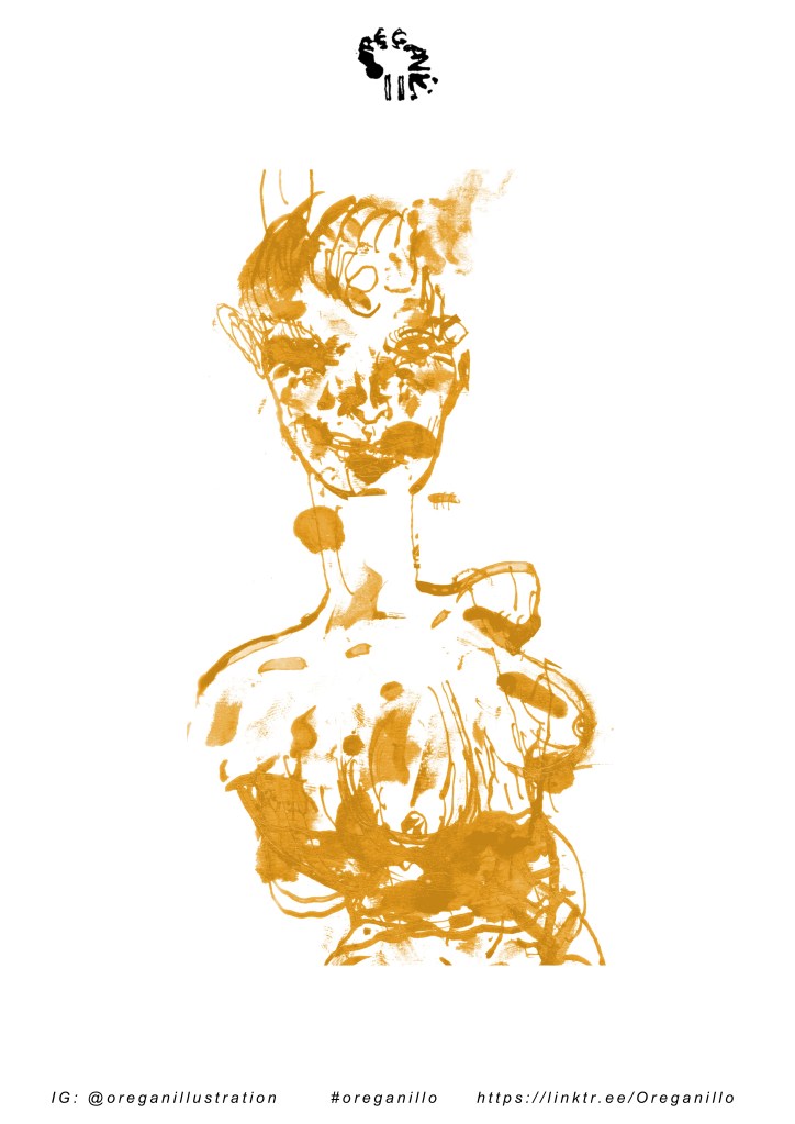 The armless torso of a short-haired woman, comprised of chaotic golden-bronze marker strokes. She sneers at the viewer, the shape of her mouth impenetrable. 
