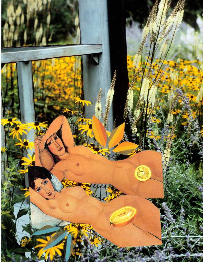 Two naked loungers, lemon slices obscuring their genitals, smile invitingly up at you, surrounded by a field of yellow.