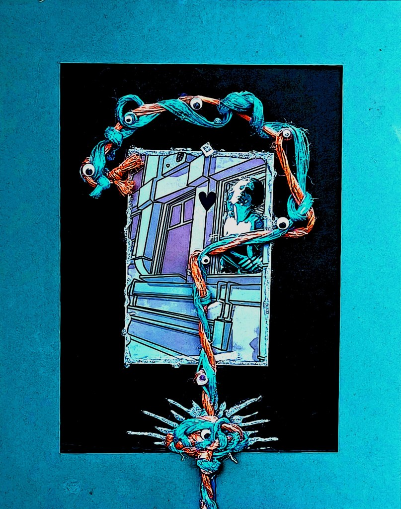 A knot of blue and orange rope, studded with googly eyes, surrounding an image of a blue woman. The woman gazes, yearning, from her window.