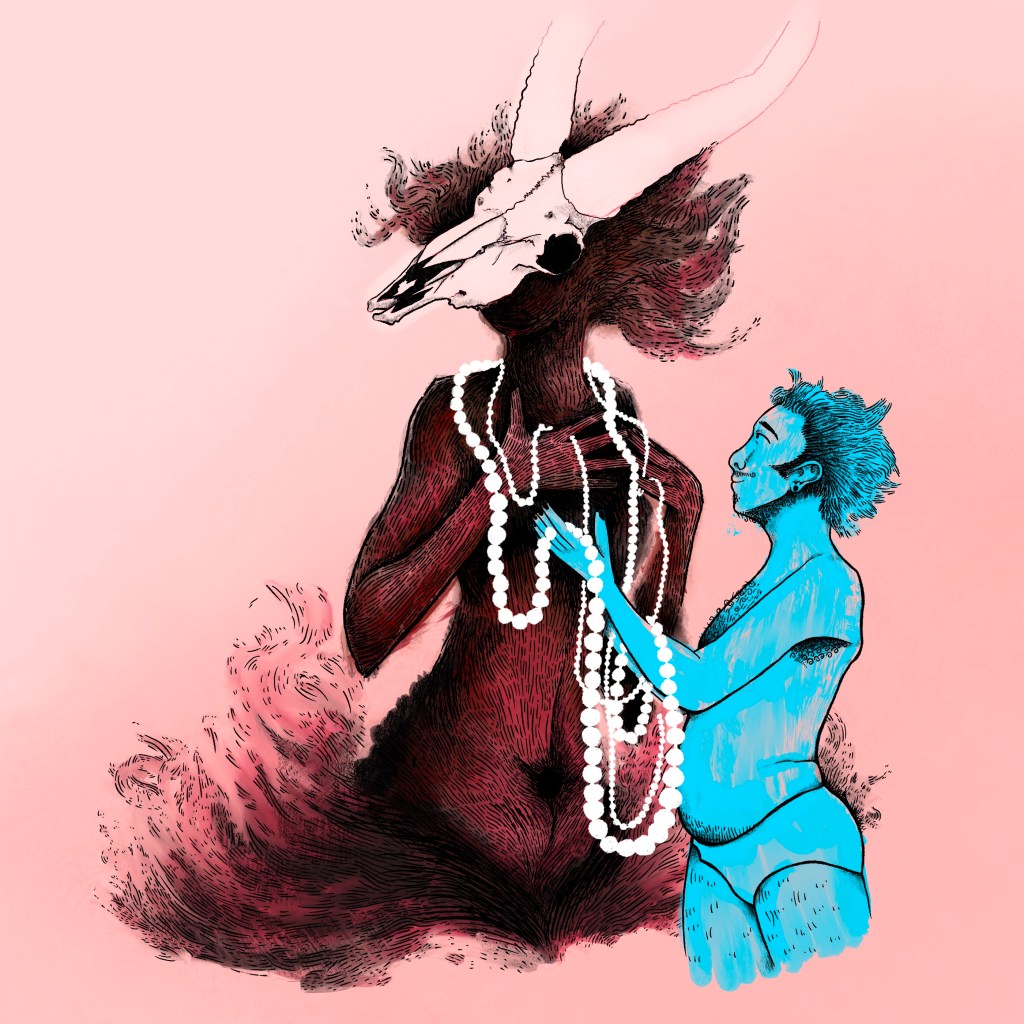 To the right of a crimson, pearl-adorned Baphomet stands a small, naked blue man. He smiles at them adoringly.