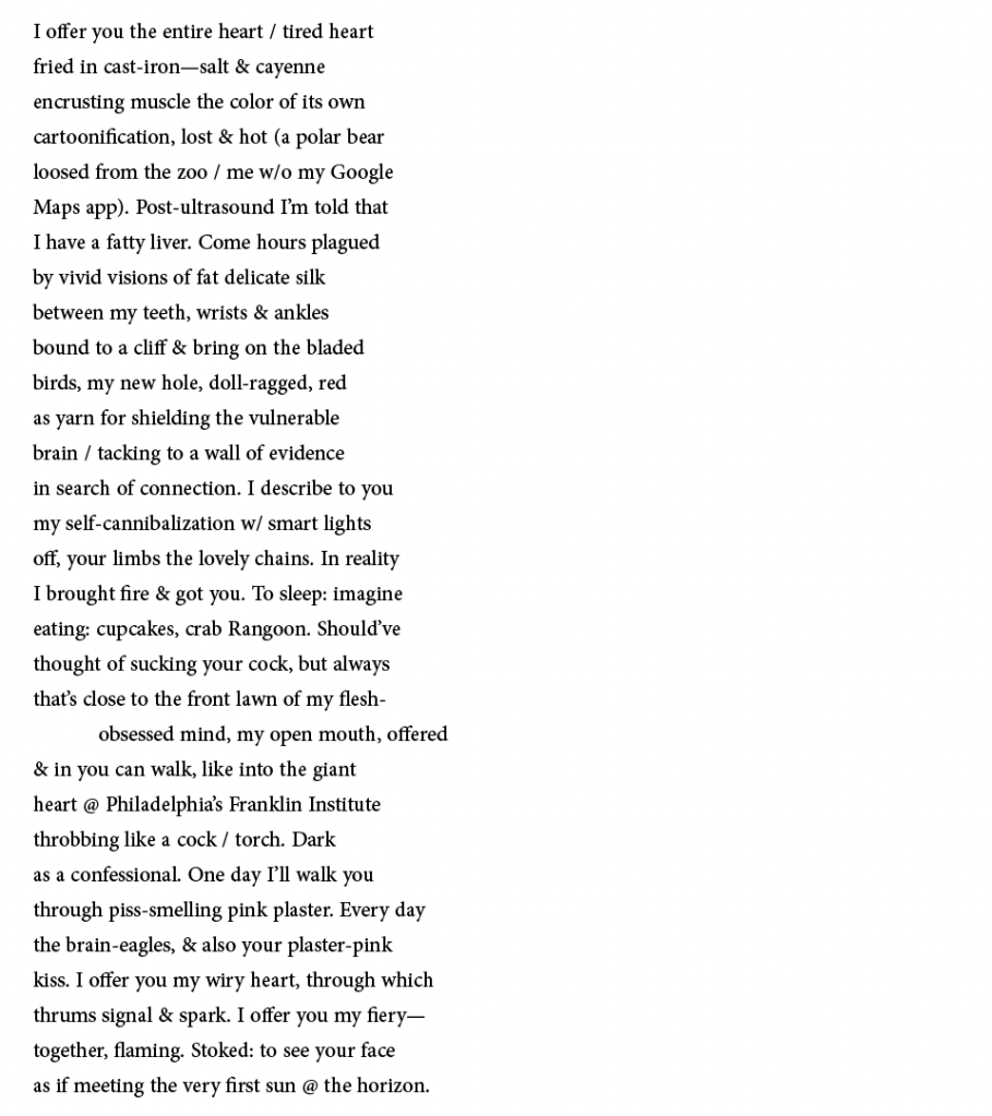 I offer you the entire heart / tired heart
fried in cast-iron—salt & cayenne
encrusting muscle the color of its own
cartoonification, lost & hot (a polar bear
loosed from the zoo / me w/o my Google
Maps app). Post-ultrasound I’m told that
I have a fatty liver. Come hours plagued
by vivid visions of fat delicate silk
between my teeth, wrists & ankles
bound to a cliff & bring on the bladed
birds, my new hole, doll-ragged, red
as yarn for shielding the vulnerable
brain / tacking to a wall of evidence
in search of connection. I describe to you
my self-cannibalization w/ smart lights
off, your limbs the lovely chains. In reality
I brought fire & got you. To sleep: imagine
eating: cupcakes, crab Rangoon. Should’ve
thought of sucking your cock, but always
that’s close to the front lawn of my flesh-
	obsessed mind, my open mouth, offered
& in you can walk, like into the giant
heart @ Philadelphia’s Franklin Institute
throbbing like a cock / torch. Dark
as a confessional. One day I’ll walk you
through piss-smelling pink plaster. Every day
the brain-eagles, & also your plaster-pink
kiss. I offer you my wiry heart, through which
thrums signal & spark. I offer you my fiery—
together, flaming. Stoked: to see your face
as if meeting the very first sun @ the horizon.
