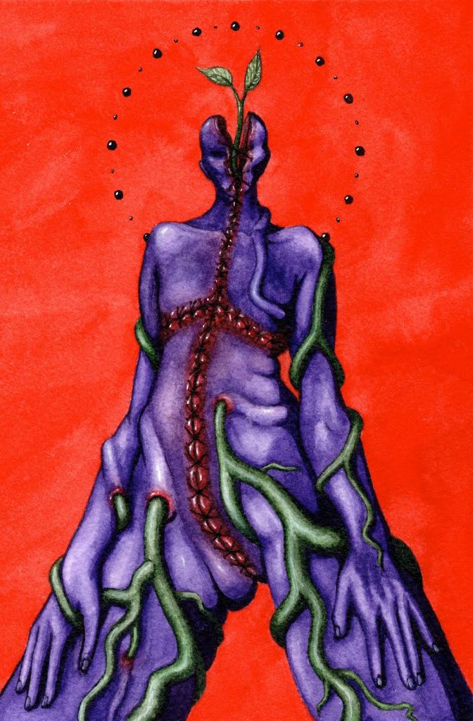 An enormous, naked, purple creature with veined green vines creeping from its orifices stands against a red background.