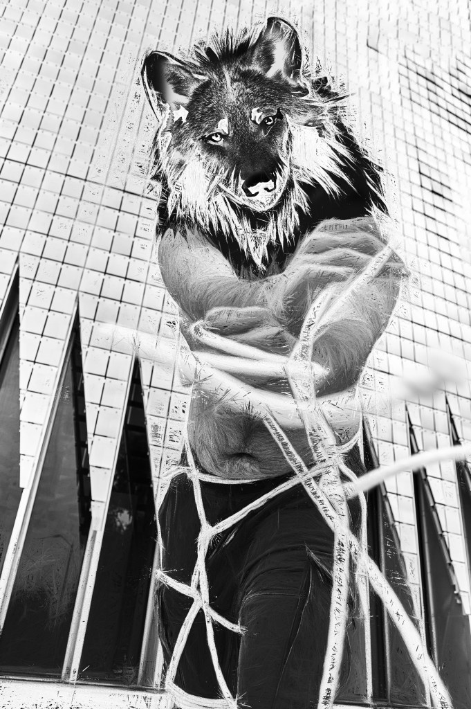 Hands outstretched, the wolf-headed figure stares into the camera from above.