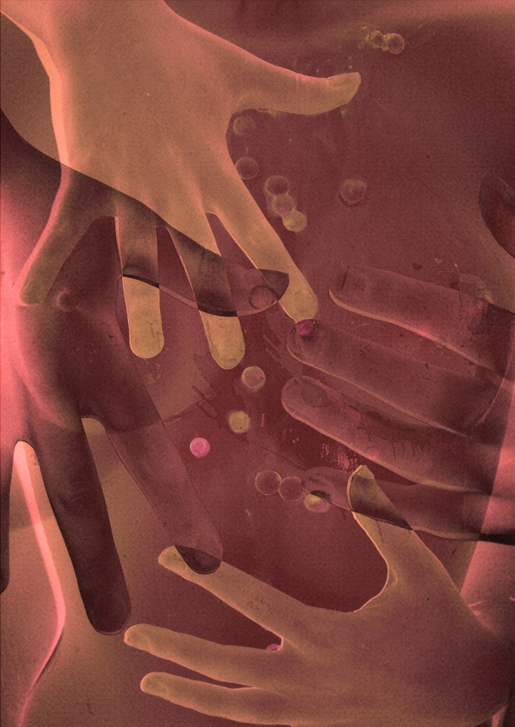 A pair of breasts is covered with two large pairs of overlapping hands.