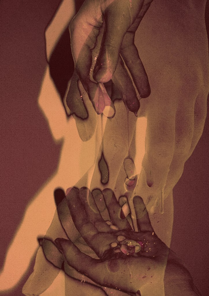 A sepia-tinted photograph of a hand dripping silicone lube onto another hand waiting below.
