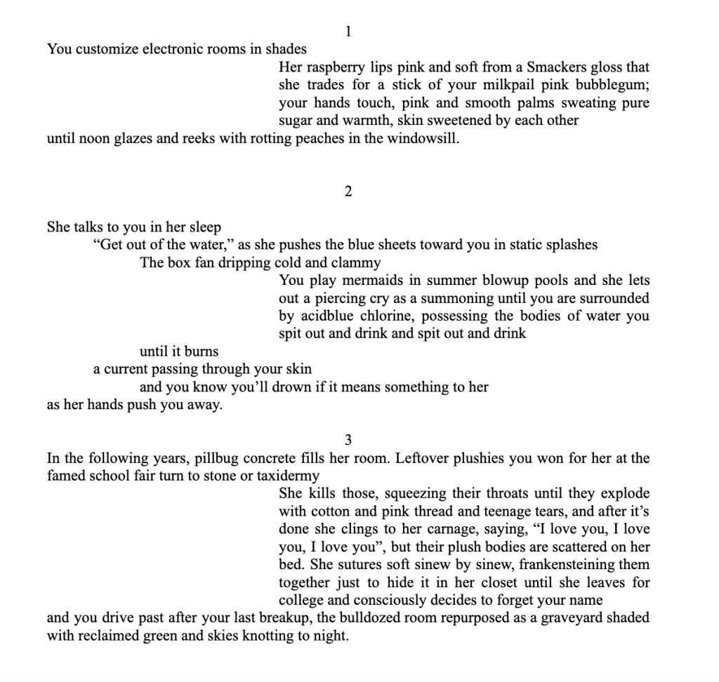 One. You customize electronic rooms in shades. Her raspberry lips pink and soft from a Smackers gloss that she trades for a stick of your milkpail pink bubblegum; your
hands touch, pink and smooth palms sweating pure sugar and
warmth, skin sweetened by each other until noon glazes and reeks with rotting peaches in the windowsill.
Two. She talks to you in her sleep.
“Get out of the water,” as she pushes the blue sheets toward you in static splashes, the box fan dripping cold and clammy. You play mermaids in summer blowup pools and she lets out a piercing cry as a summoning until you are surrounded by acidblue chlorine, possessing the bodies of water you spit out and drink and spit out and drink until it burns, a current passing through your skin and you know you’ll drown if it means something to her as her hands push you away.
Three. In the following years, pillbug concrete fills her room. Leftover plushies you won for her at the famed school fair turn to stone or taxidermy. She kills those, squeezing their throats until they explode with cotton and pink thread and teenage tears, and after it’s done she clings to her carnage, saying, “I love you, I love
you, I love you”, but their plush bodies are scattered on her bed. She sutures soft sinew by sinew, frankensteining them together just to hide it in her closet until she leaves for college and consciously decides to forget your name and you drive past after your last breakup, the bulldozed room repurposed as a graveyard shaded with reclaimed green and skies knotting to night.
